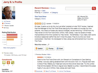 Illustration for article titled Seinfeld Knocks Star Off Yelp Review Of CCC Diner For Murder Plea